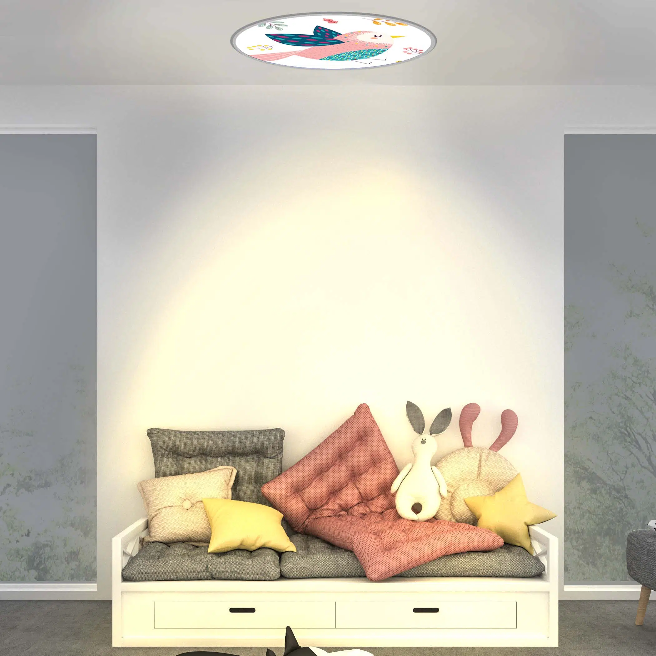 Plafonnier oiseau rond allumé