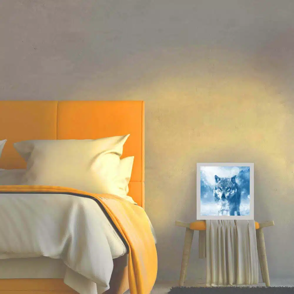 Lampe loup gris allumée